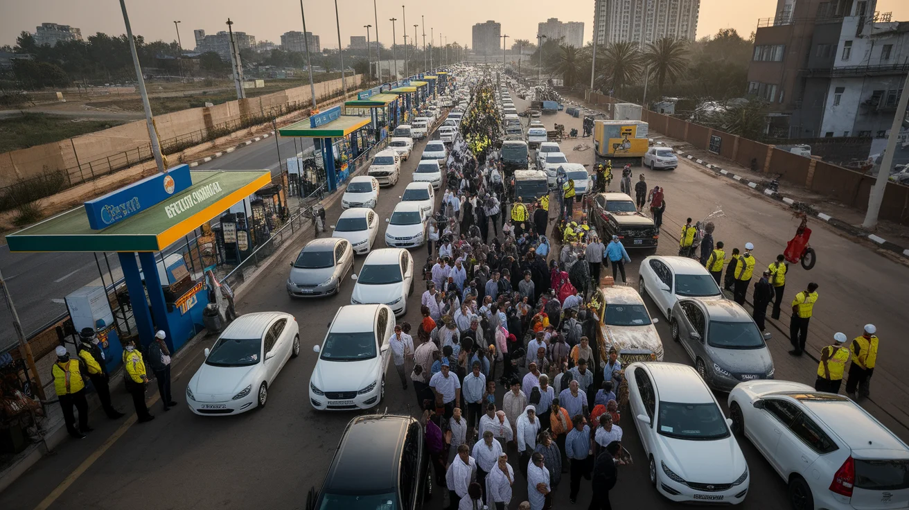 Indian Police Oversee Long Lines at Petrol Pumps Amid Fuel Shortage Fears in Gujarat