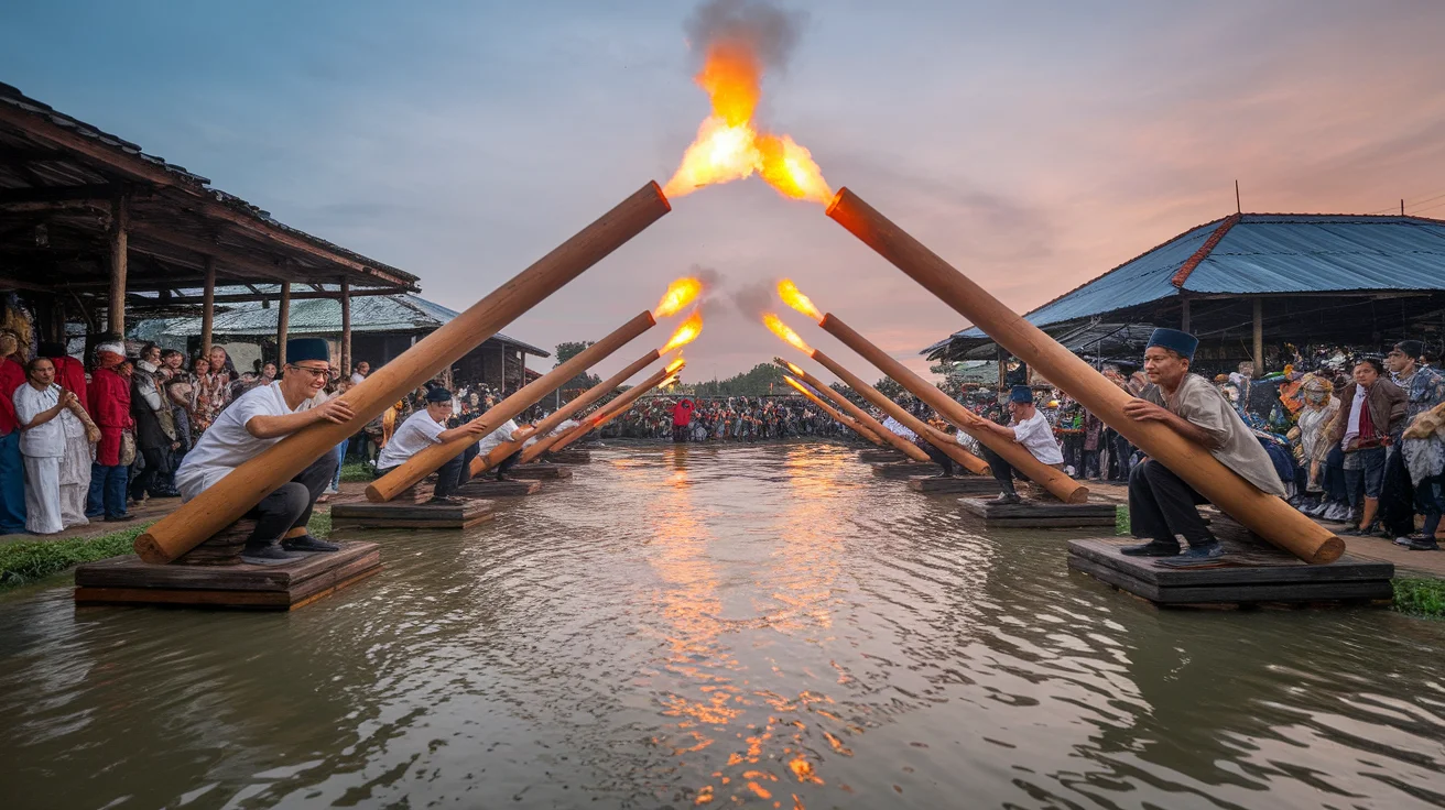 Indonesians in West Java Villages Fire Wooden Cannons in Post-Eid Tradition